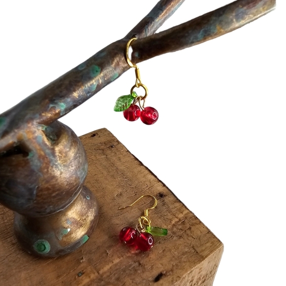 Red Cherries with Green Leaf Dangle Hook Earrings Glass Beads Hypoallergenic - Picture 3 of 7